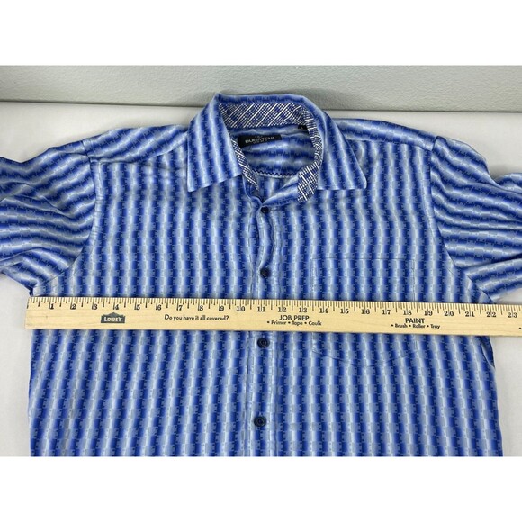 Bugatchi Uomo Men Large Button Front Shirt Blue Geometric Stripe Flip Cuff - Picture 8 of 9